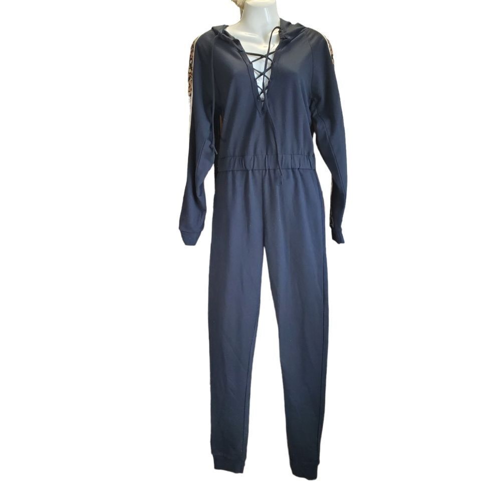 VENUS black jumpsuit with leopard stripe cold shoulders XS
